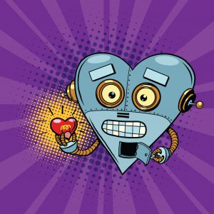 Kuvituskuva: sarjakuvatyylinen, sydämenmuotoinen robotti avaa luukun kyljessään ja pitää sydäntään kädessä.