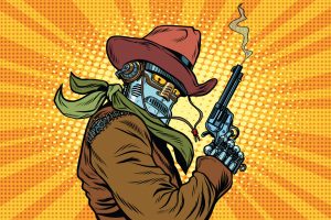 Kuvituskuva, jossa cowboy-asuun pukeutunnut robottipitää kädessään savuavaa asetta.
