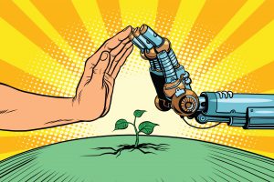 Kuvituskuva, jossa ihmisen ja robotin kädet suojelevat pientä kasvin tainta.