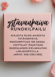 Mainos runokilpailuun osallistumisesta, jossa mainitaan voittajien saavan Suomalaisen kirjakaupan lahjakortit.
